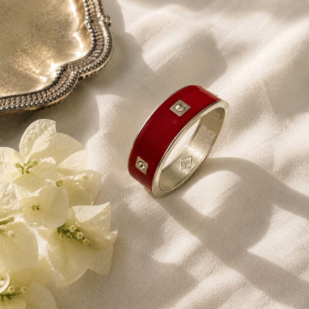 Vintage Red Enamel Rhinestone Hinged Bangle Bracelet